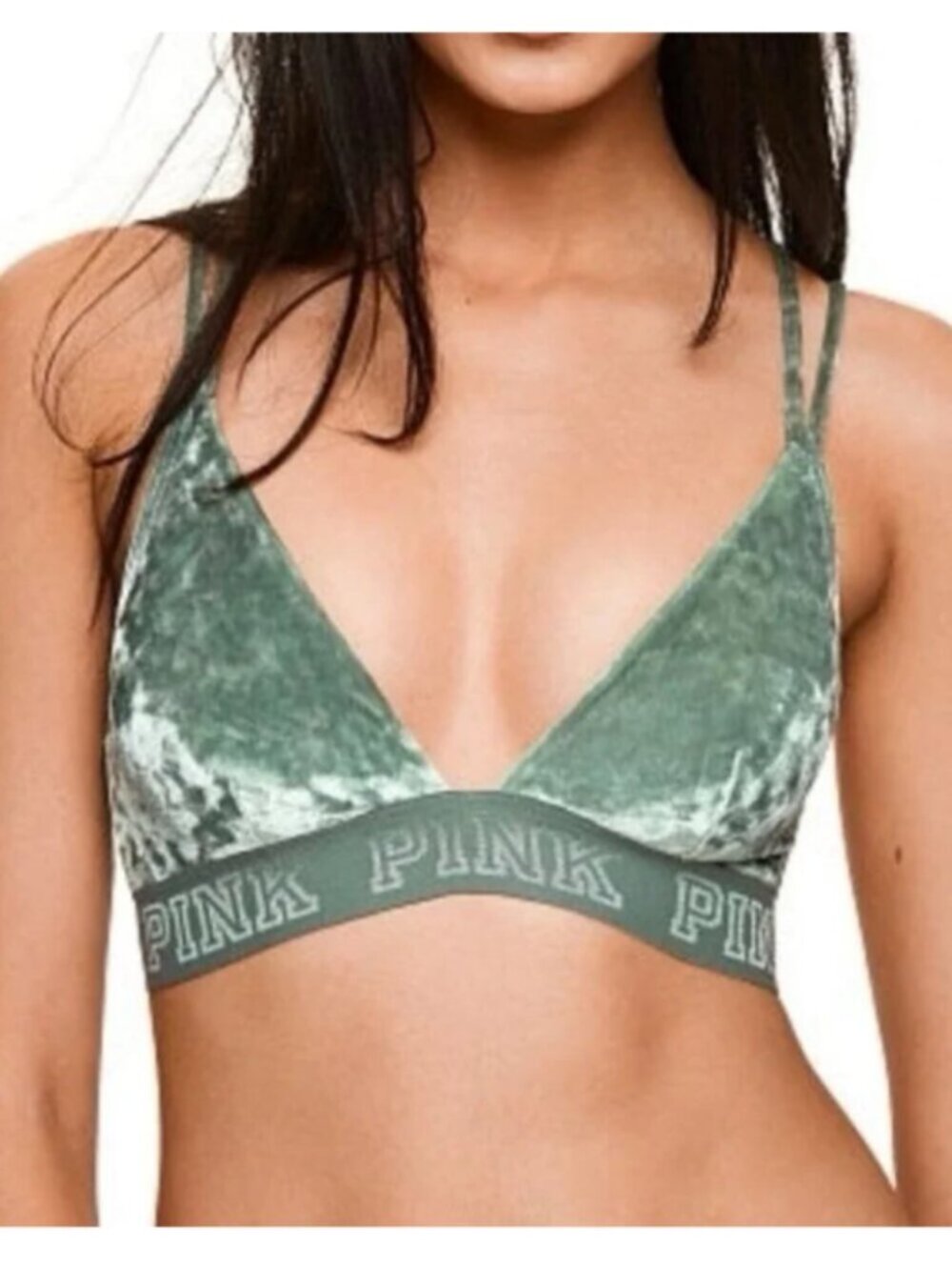 Victoria's Secret PINK Bralette Small Green Crushed Velvet Strappy Cage Back Sty